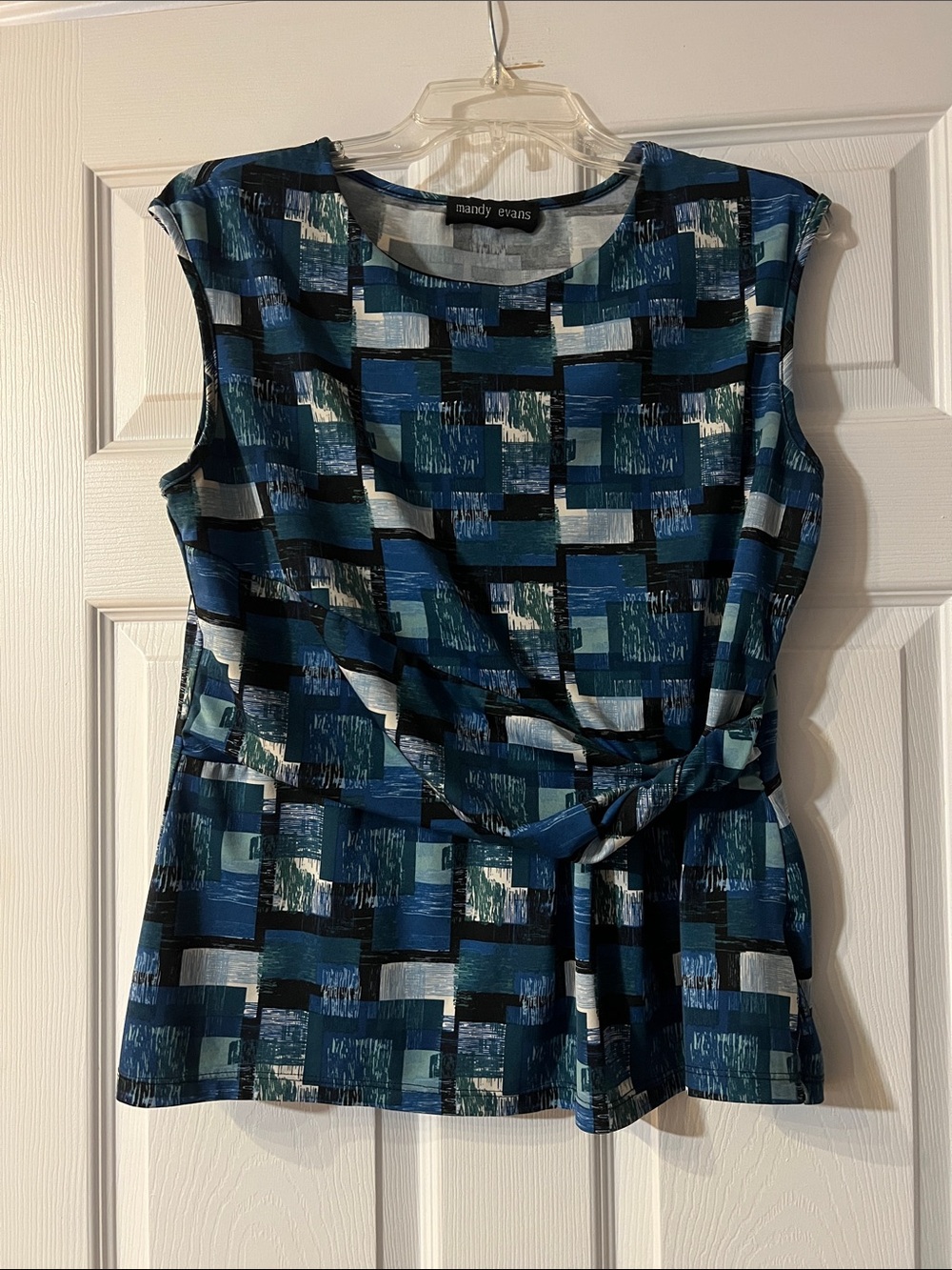 Mandly Evans Blue Geometric Knot-Detail Sleeveless Blouse